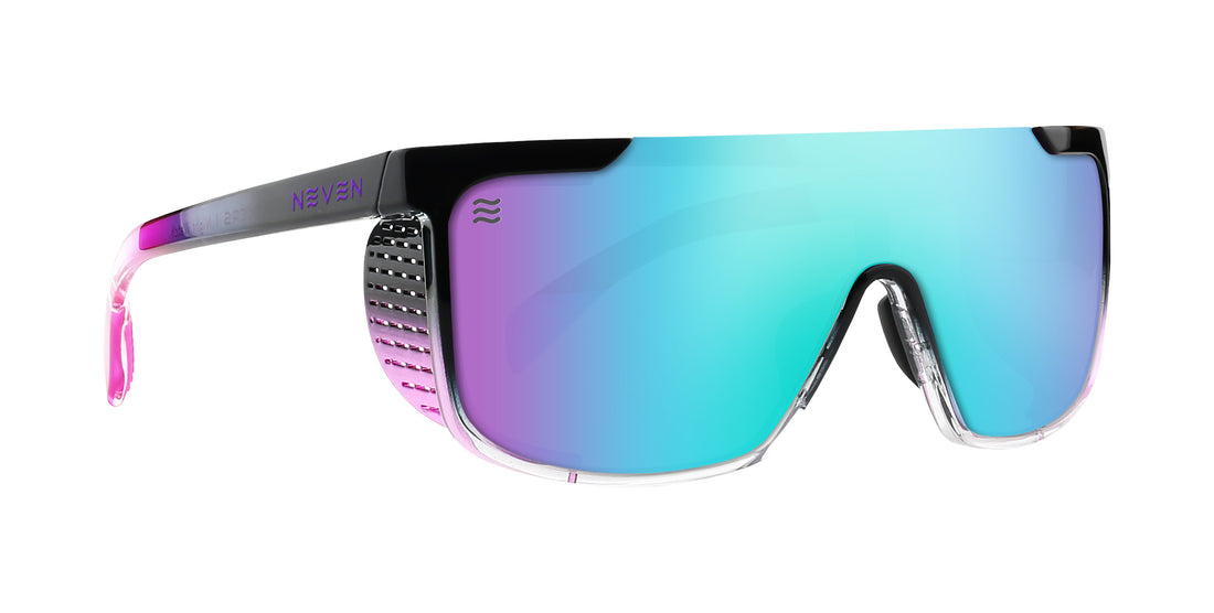 Angled three-quarter view of Everlast Domestic sunglasses showing black frame and blue-purple mirrored lens on white background