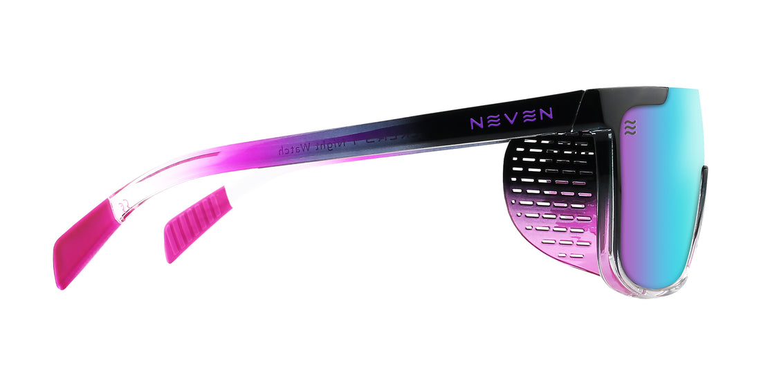 Side view of Night Watch sunglasses with shield-style mirrored gradient lens, removable perforated side shield and black-to-pink temple on white background