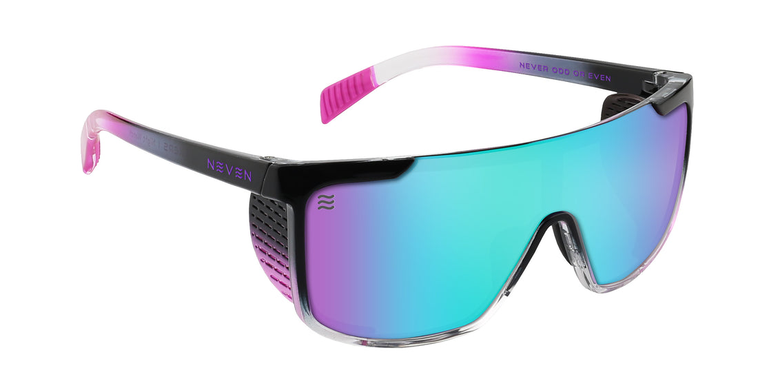 Three-quarter view of Night Watch sunglasses showing shield-style polarized lens and removable side shields on white