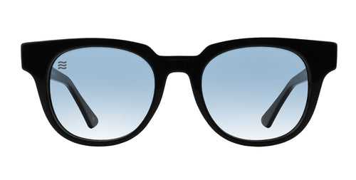Black rectangular sunglasses with blue gradient lenses.