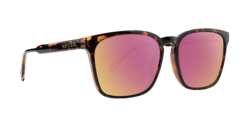 Chazz tortoiseshell rectangular prescription glasses with pink mirrored lenses .