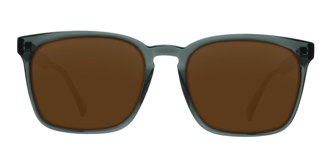 Front view of Lenny sunglasses with brown lenses and transparent glossy gray rectangular frames on white background