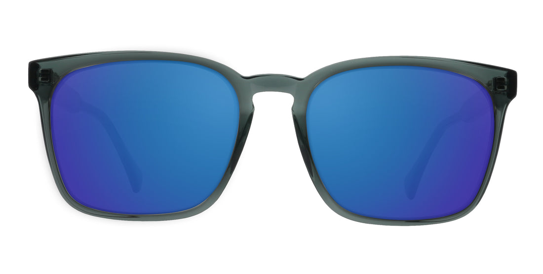 Front view of Lenny prescription sunglasses showcasing rectangular transparent blue frames and blue lenses on a white background