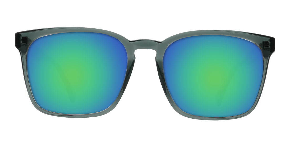 Front view of Lenny Rx prescription sunglasses showcasing transparent blue glossy rectangular frames and blue-green lenses on a white background