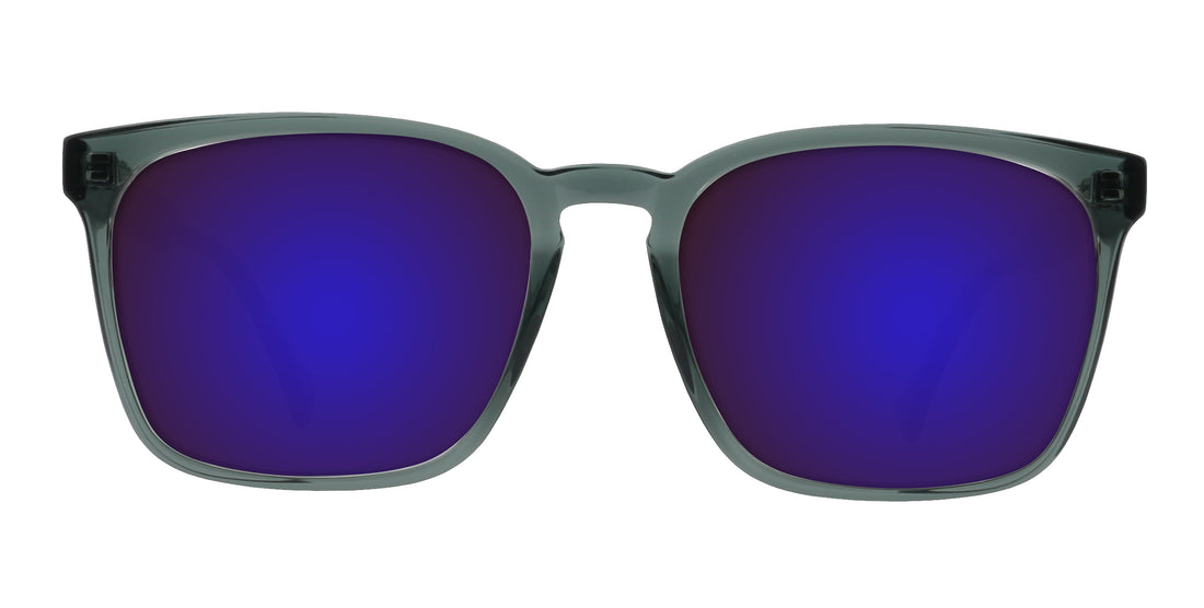 Front view of Lenny prescription sunglasses showcasing transparent blue rectangular TR90 frames with purple lenses on a white background