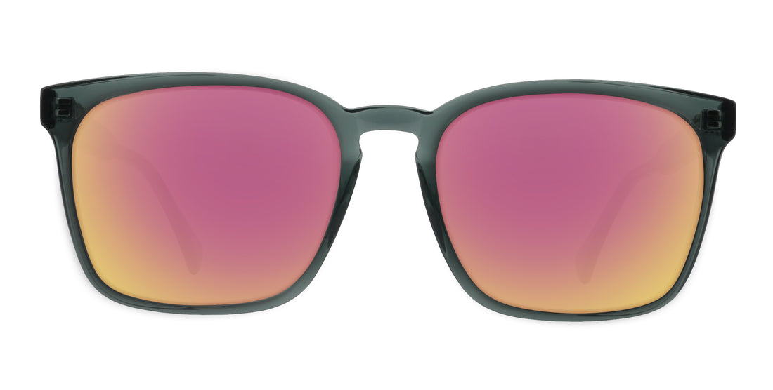 Front view of Lenny prescription sunglasses showcasing rose-pink lenses and rectangular frames on a white background