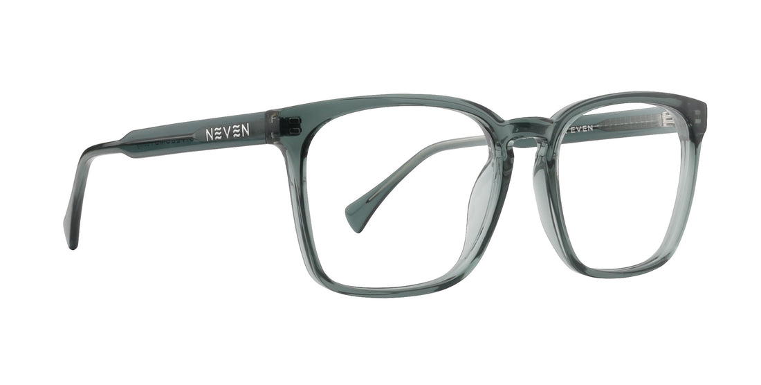 Close-up of Lenny rectangular frames in transparent glossy blue acetate with NEVEN logo on temple, white background