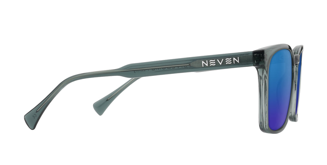 Angled side view of Lenny Rx rectangular sunglasses showcasing transparent blue frames and blue lenses on a white background