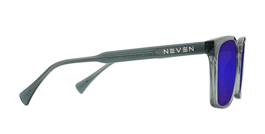 Side view of Lenny Rx prescription sunglasses showcasing transparent blue rectangular frames and purple lenses on a white background