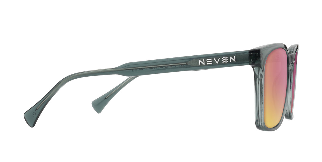 Side view of Lenny rectangular prescription sunglasses showcasing transparent glossy gray frames and rose-pink lenses on white background