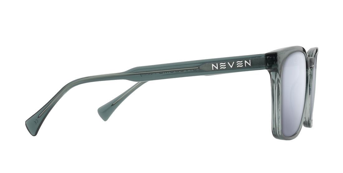 Side view of Lenny prescription sunglasses showcasing transparent glossy gray rectangular frames and silver lenses on a white background