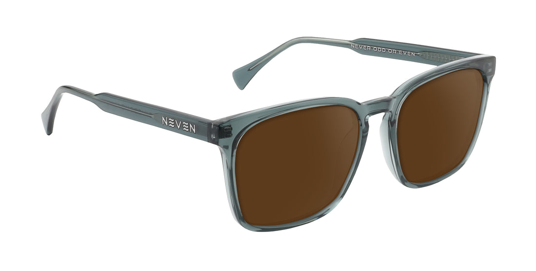 Three-quarter view of Lenny sunglasses with brown lenses and transparent glossy gray rectangular frames on white background