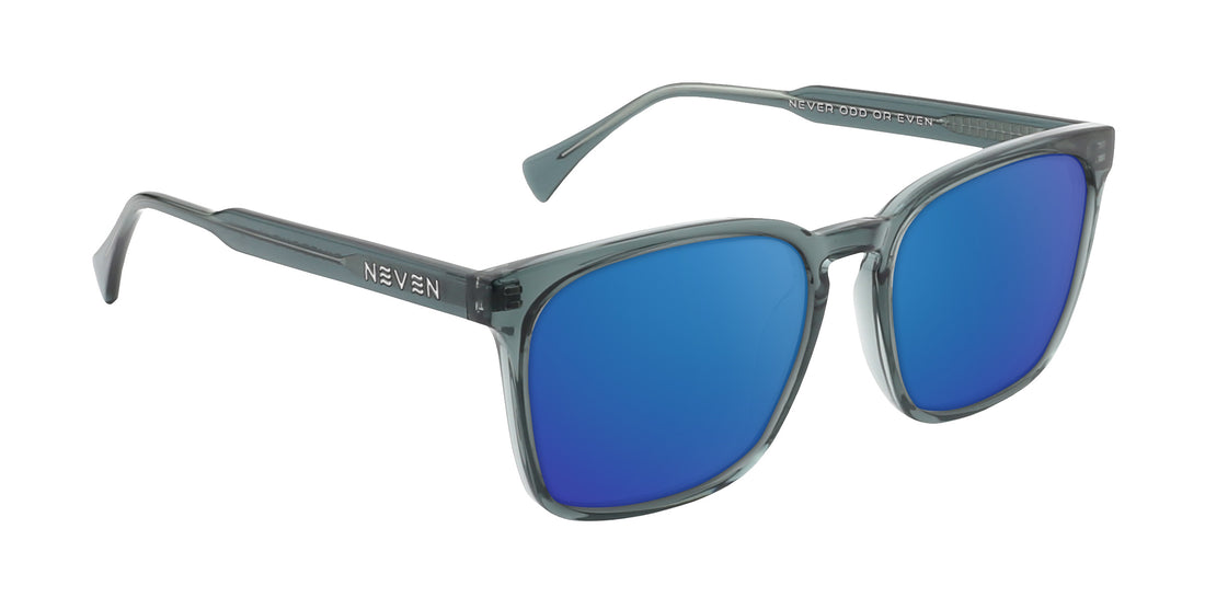 Three quarter view of Lenny prescription sunglasses with blue lenses and transparent glossy gray rectangular frames on white