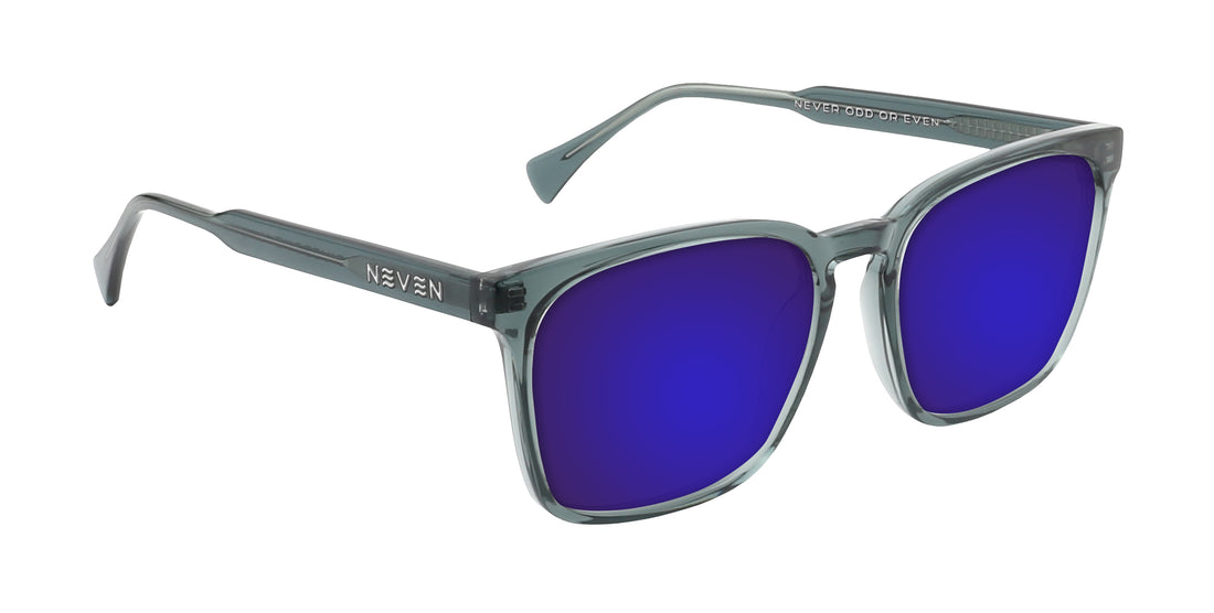 Three-quarter view of Lenny prescription sunglasses showcasing a transparent blue rectangular frame and purple lenses on a white background