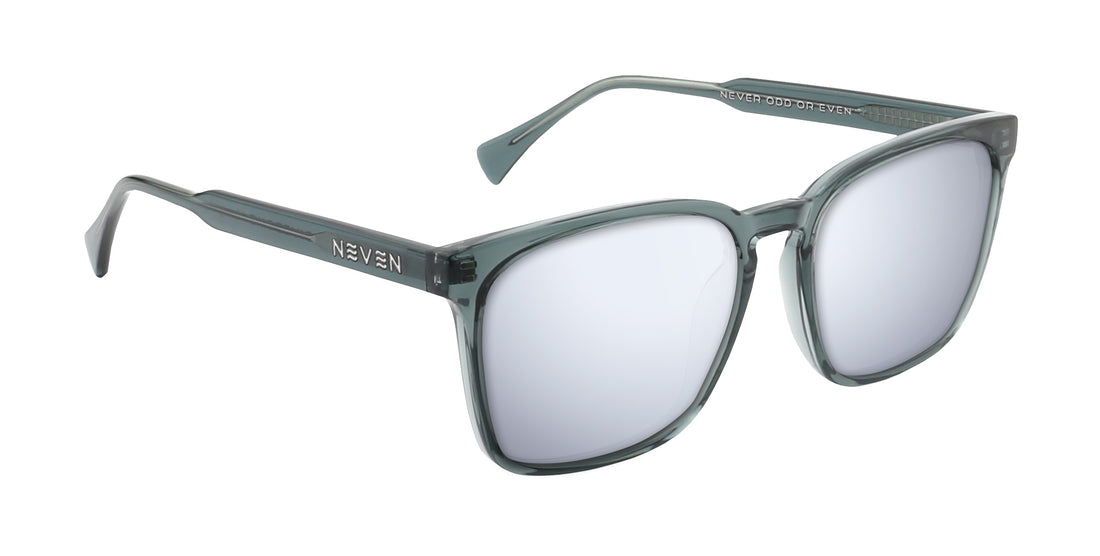 Three-quarter view of Lenny prescription sunglasses showcasing transparent blue rectangular frames with light lenses on a white background