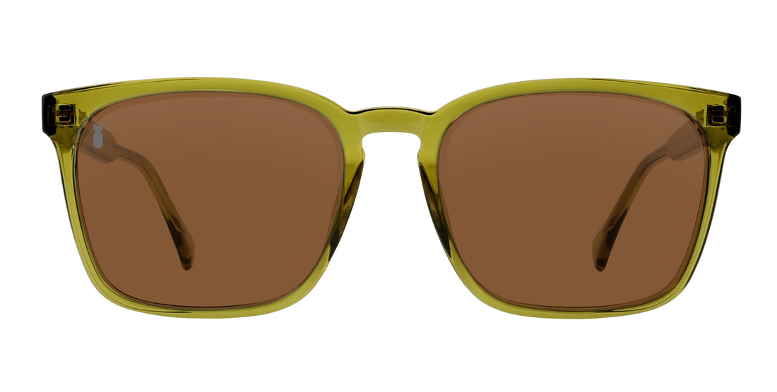 Front view of Nigel sunglasses showcasing olive-green rectangular frame, brown polarized lenses and laser-etched Divebomb logo