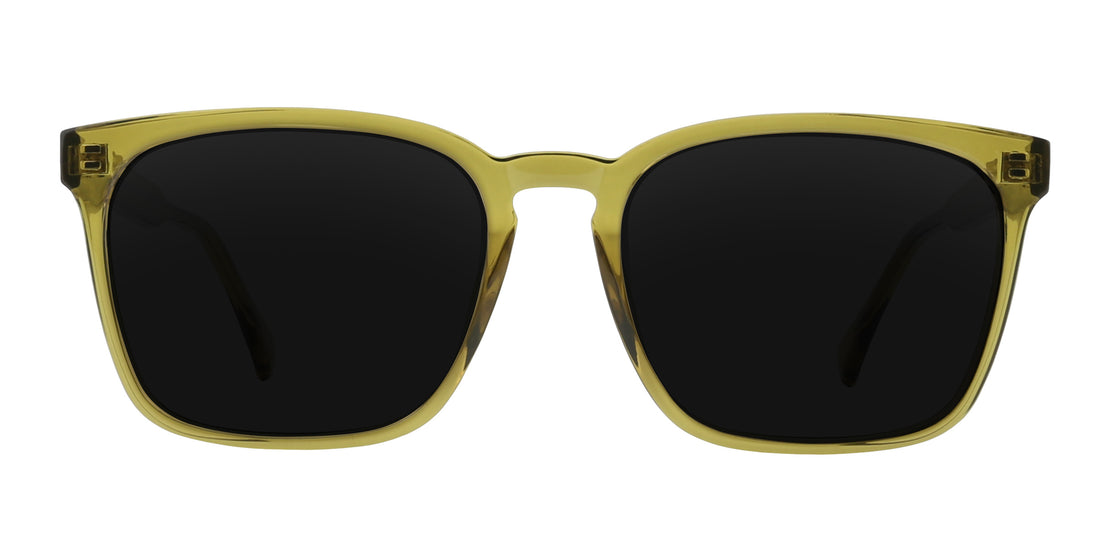 Front close-up of Nigel prescription sunglasses showcasing transparent olive green rectangular frame and dark lenses on white background