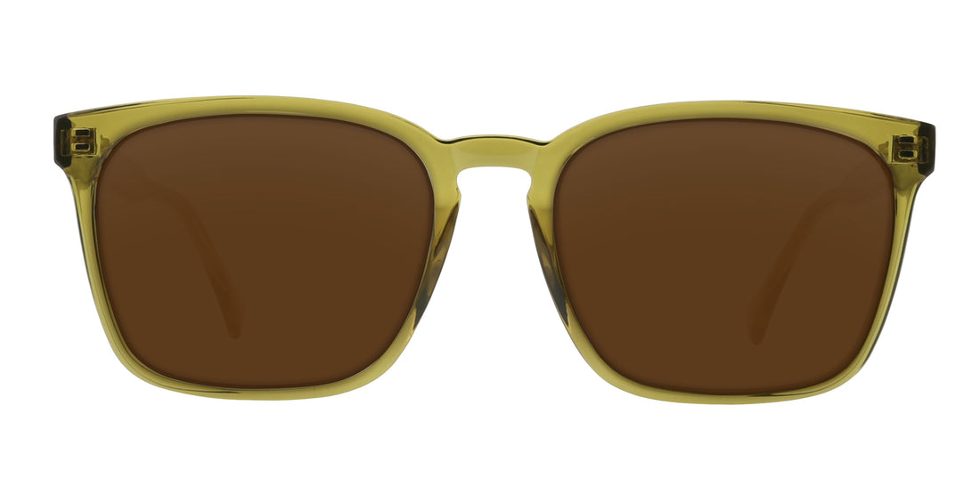 Front close-up of Nigel prescription sunglasses showcasing transparent olive green rectangular frame and brown lenses on white background