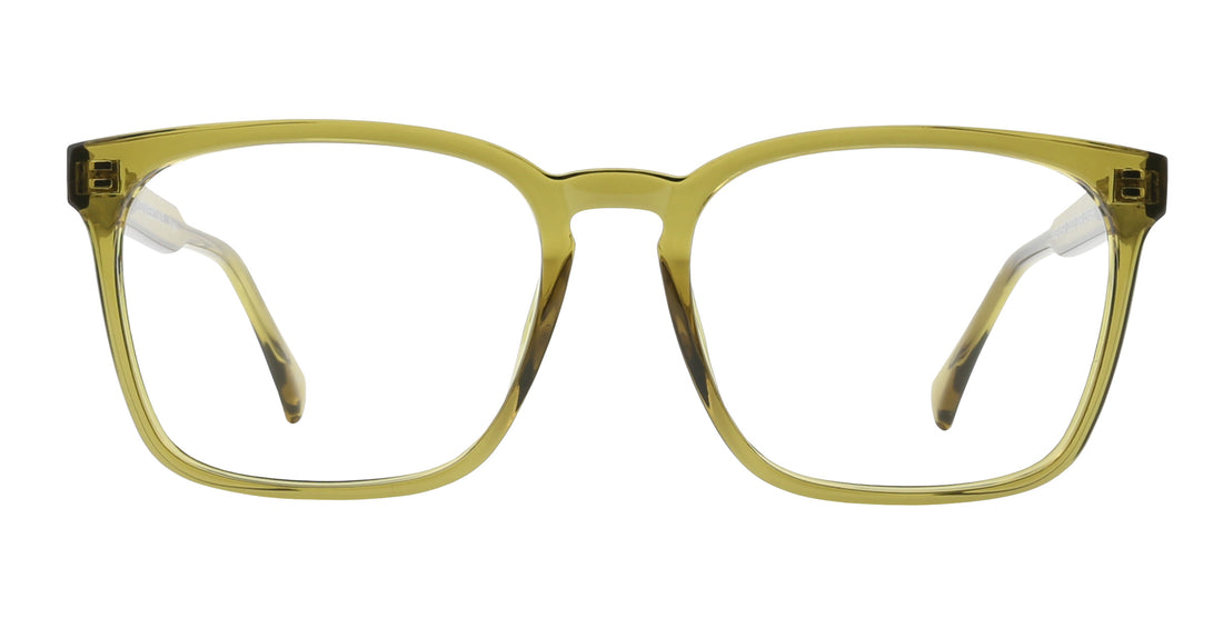 Front view of Nigel prescription glasses in transparent olive green frame.