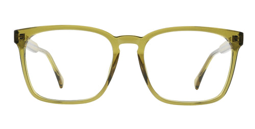 Front view of Nigel prescription glasses in transparent olive green frame.