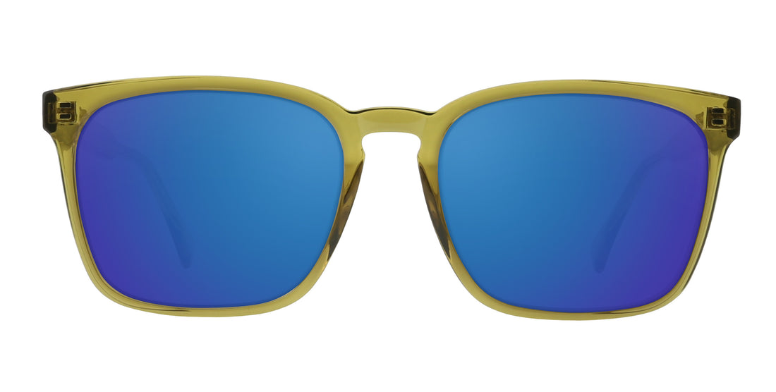 Front of Nigel prescription sunglasses with transparent olive green frame and blue mirrored lenses on white background