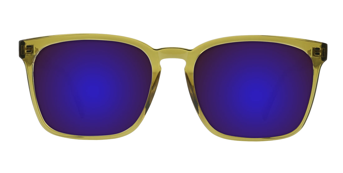Front view of Nigel Rx sunglasses with transparent olive frame and purple mirrored lenses on white background