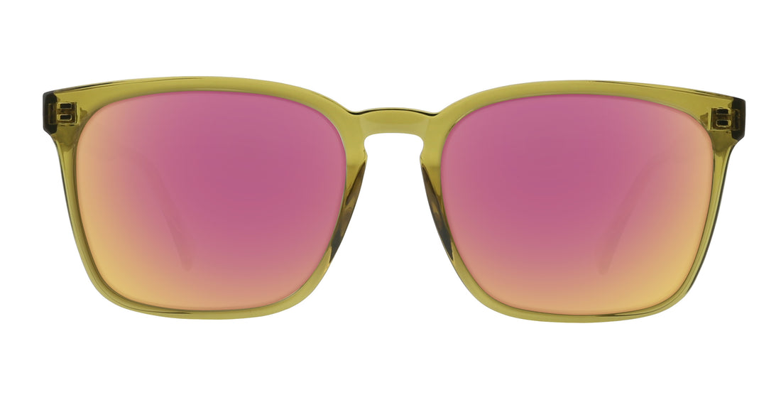 Front close-up of Nigel prescription glasses with transparent olive green frame and pink mirrored lenses on white
