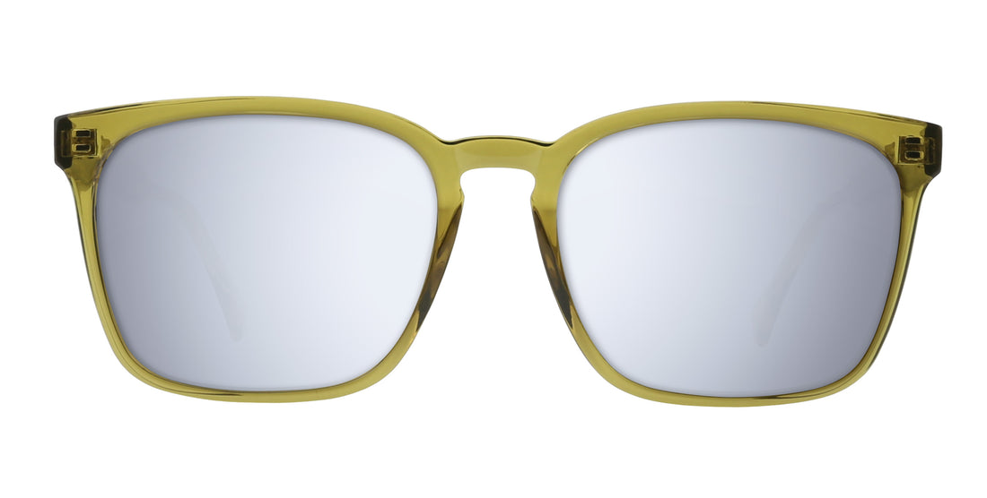 Front view of Nigel prescription sunglasses with transparent olive green rectangular frame and mirrored lenses on white