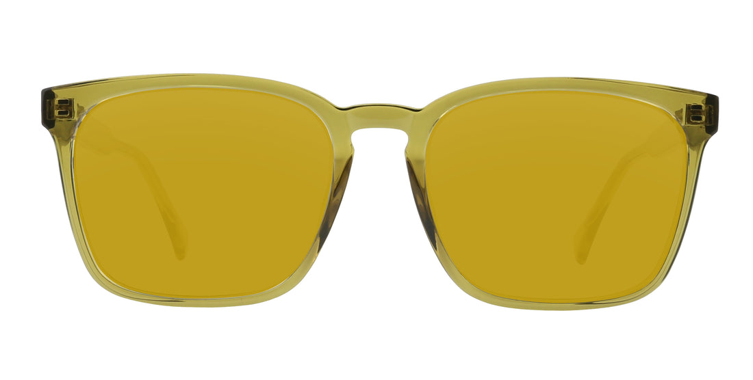 Front view of Nigel sunglasses showcasing transparent olive green rectangular frame and yellow lenses on white background