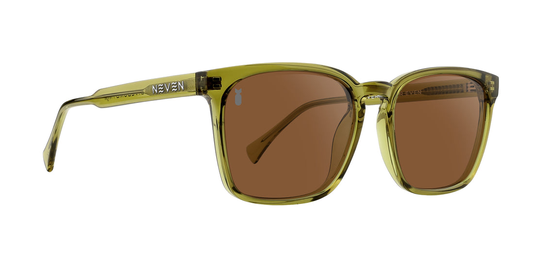 Angled view of Divebomb Nigel sunglasses showcasing olive square frame and brown polarized lenses on white background