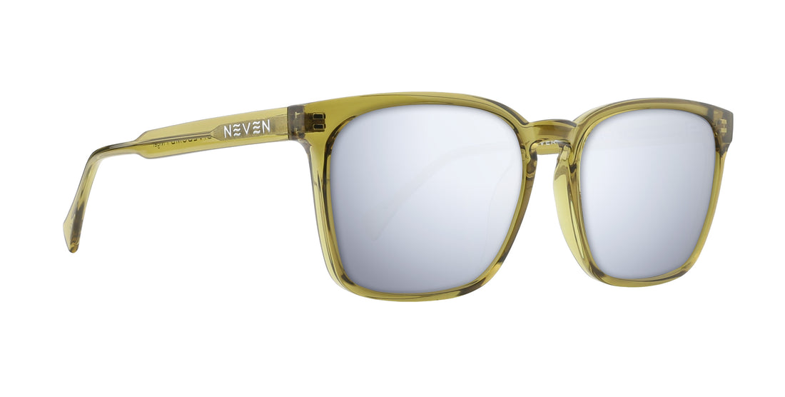 Right-angled close-up of Nigel prescription sunglasses with transparent olive-green frame and silver mirrored lenses