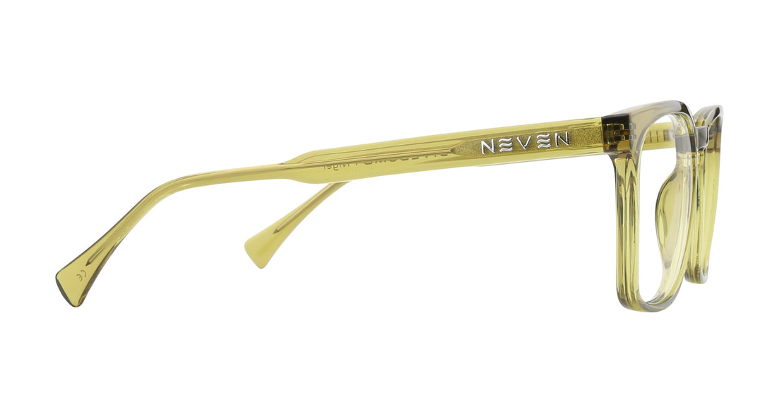 Side view of Nigel prescription glasses showcasing transparent olive green rectangular frame and Neven logo on the temple with white background