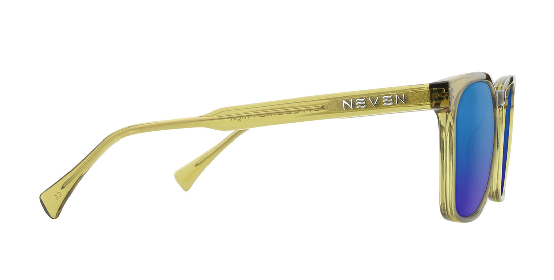 Side view of Nigel prescription sunglasses with transparent olive green rectangular frame, NEVEN temple logo, and blue mirrored lenses