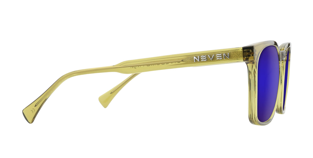 Side view of Nigel sunglasses showing Neven logo on transparent olive green temple and purple lens on white background