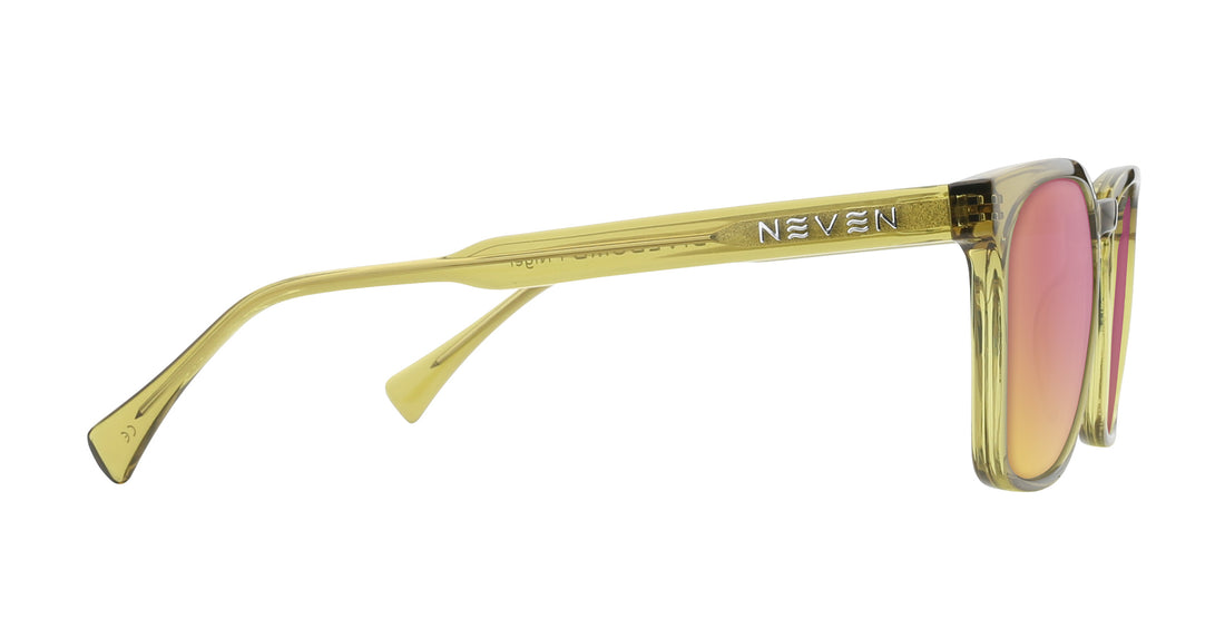 Side view of Nigel sunglasses showcasing transparent olive green temple with engraved NEVEN logo and pink mirrored lenses on white background