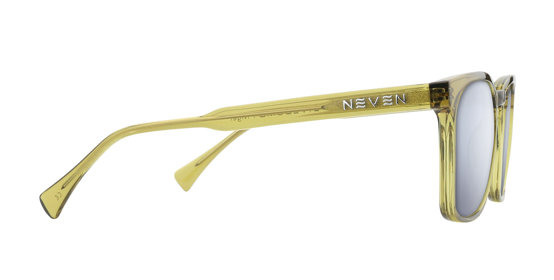 Side close-up of Nigel sunglasses showing silver NEVEN logo on transparent olive green temple against white background