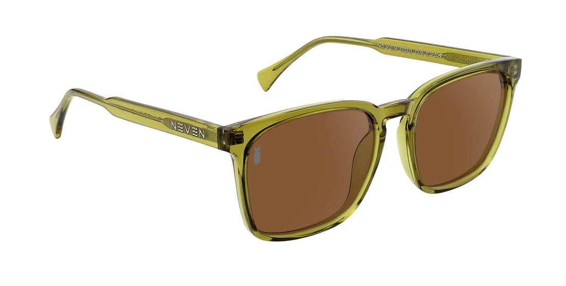 Three-quarter view of Nigel sunglasses with transparent olive frame, brown polarized lenses and Divebomb logo on white