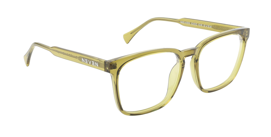 Angled close-up of Nigel prescription glasses showing transparent olive green rectangular frame with Neven logo on white
