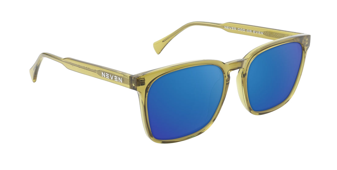 Angled close up of Nigel rectangular sunglasses showcasing transparent olive green frame and blue mirrored prescription lenses on white background