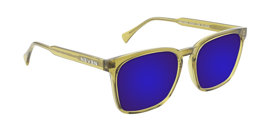 Three-quarter view of Nigel prescription sunglasses showcasing transparent olive green rectangular frame with blue mirrored lenses on white background