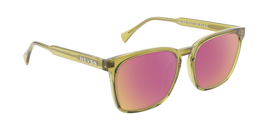 Angled close-up of Nigel sunglasses showcasing transparent olive green rectangular frame and rose-pink mirrored lenses on white background