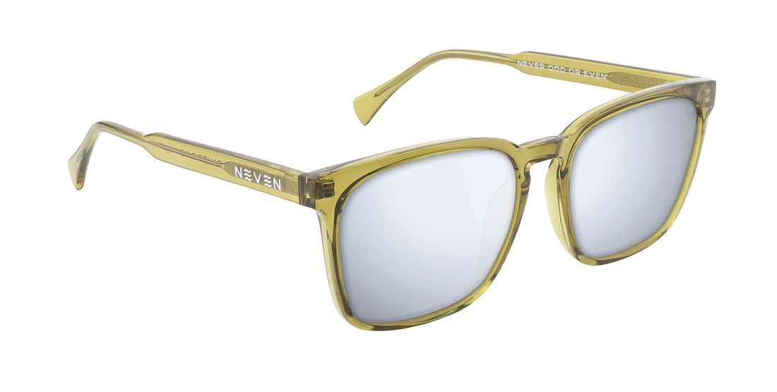 Three-quarter view of Nigel prescription sunglasses showcasing transparent olive green rectangular frame with silver mirrored lenses on white background