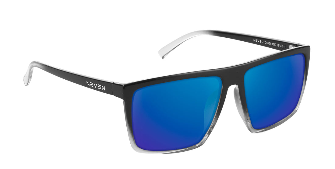 Three-quarter view of Colorado Bulldog XXL sunglasses showcasing a black frame and blue lenses on a white background