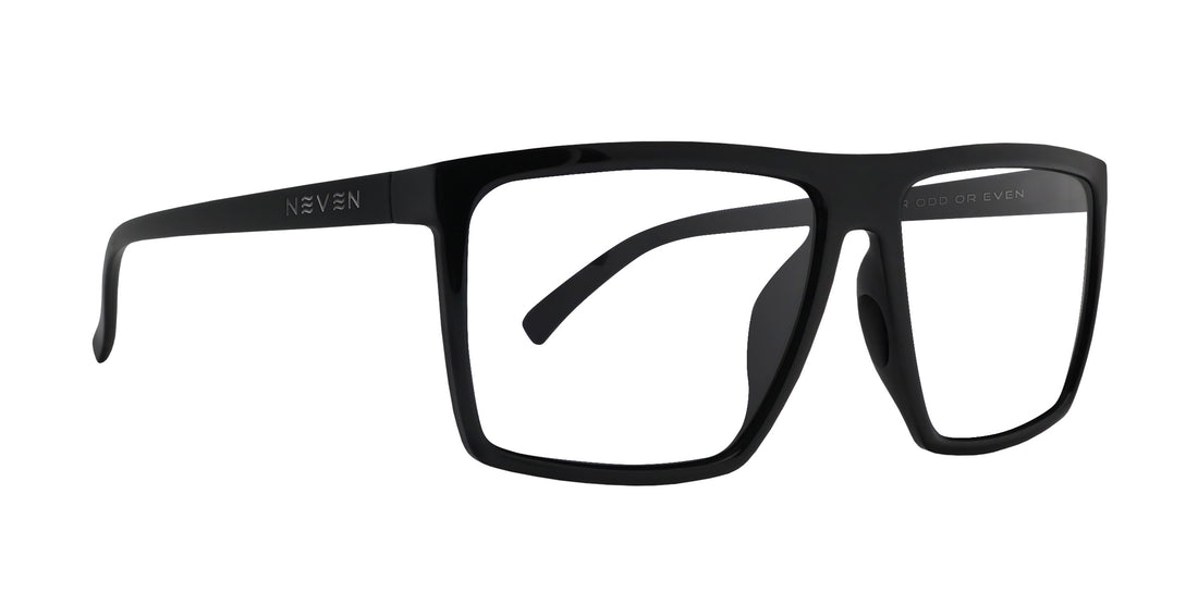 Three-quarter view of black NYC XXL prescription sunglasses showcasing oversized rectangular frames on a white background