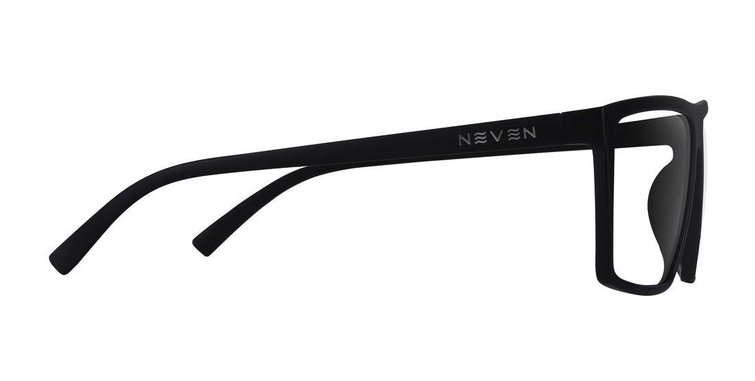Side view of NYC XXL prescription sunglasses showcasing a thick black rectangular frame on a white background