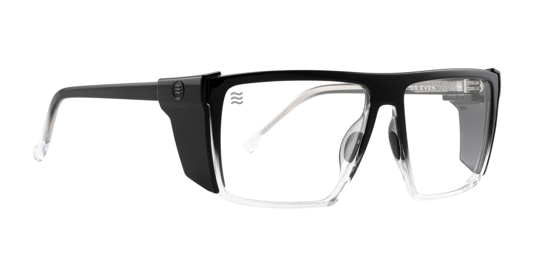 Front three-quarter view of Colorado Bulldog XL Z87 safety eyewear showcasing a black and clear frame with clear lenses on white background