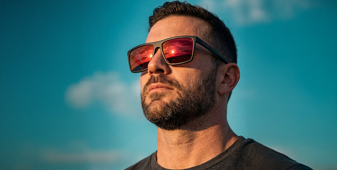 Man wearing red-tinted sunglasses against a blue sky