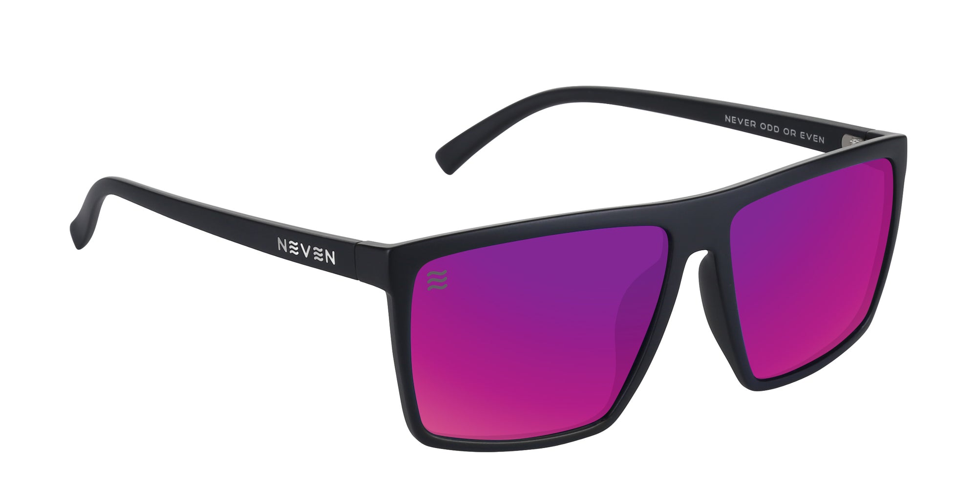 Three-quarter view of 88th Street XL sunglasses with matte black X-Large frame and purple-pink mirrored polarized lenses on white background