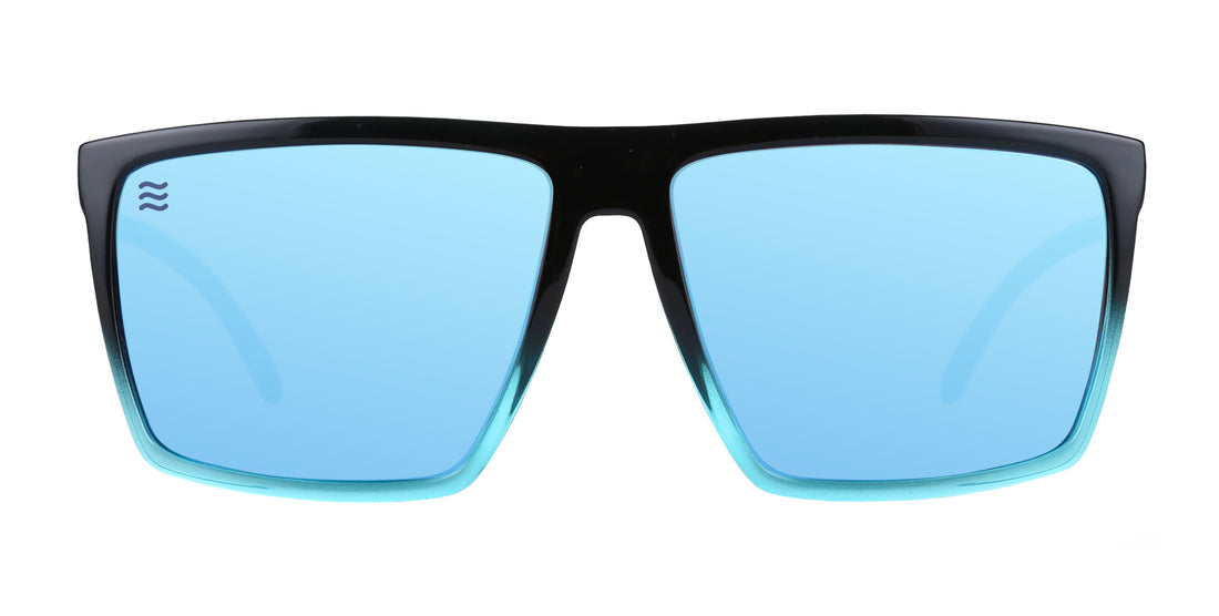 Front close-up of Arizona XL sunglasses with glossy black-to-blue frame and light blue mirrored polarized lenses