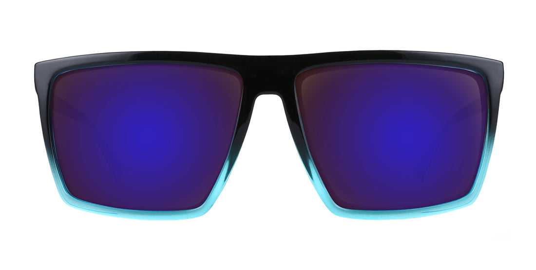 Front close-up of Arizona XL sunglasses showing glossy black-to-blue frame and purple lenses on white background